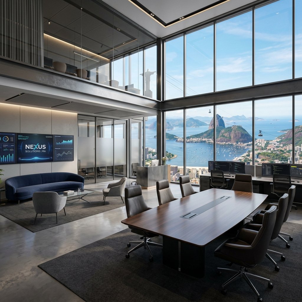 Modern corporate office in Rio de Janeiro with a view of Sugarloaf Mountain, representing TI BUS professional environment.